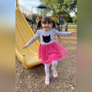 Pink and Gray Cat Print Kids Casual Dress